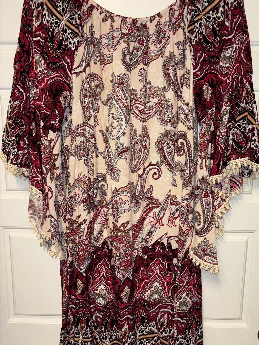 Bohemian Paisley Off-Shoulder Dress in Cream and Burgundy